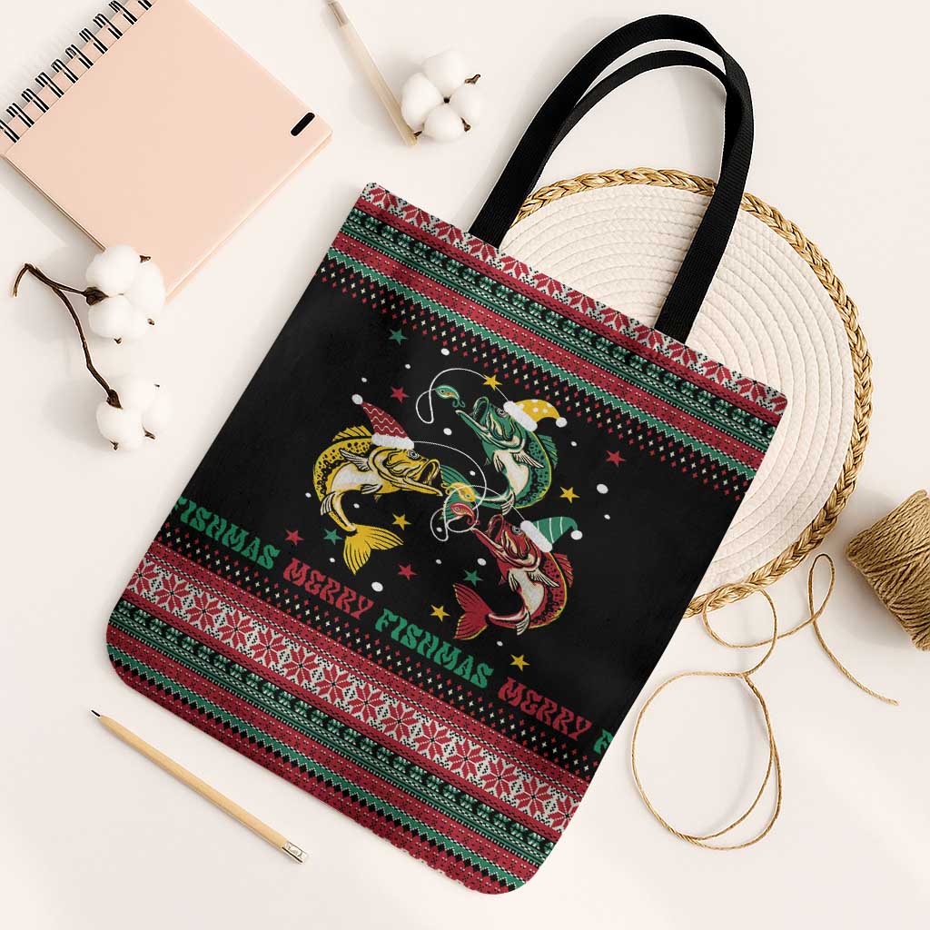 Funny Fishmas Bass Tote Bag Christmas Santa Hat Lights - Wonder Print Shop