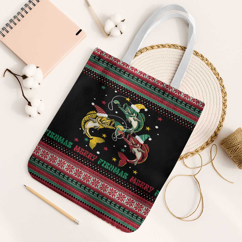 Funny Fishmas Bass Tote Bag Christmas Santa Hat Lights - Wonder Print Shop
