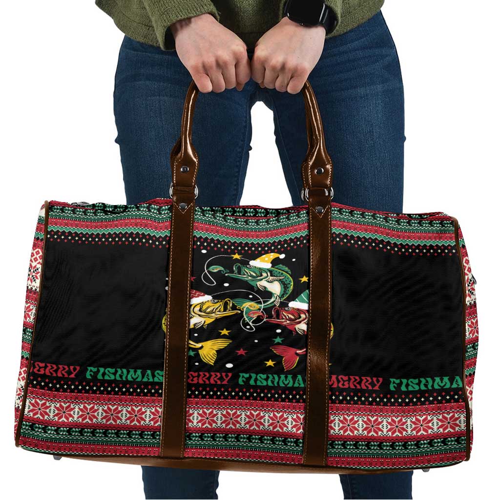 Funny Fishmas Bass Travel Bag Christmas Santa Hat Lights - Wonder Print Shop