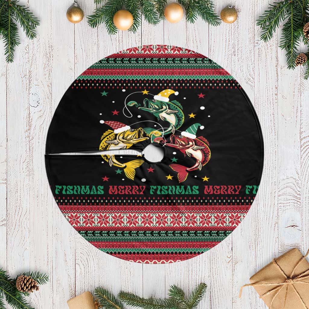 Funny Fishmas Bass Tree Skirt Christmas Santa Hat Lights - Wonder Print Shop