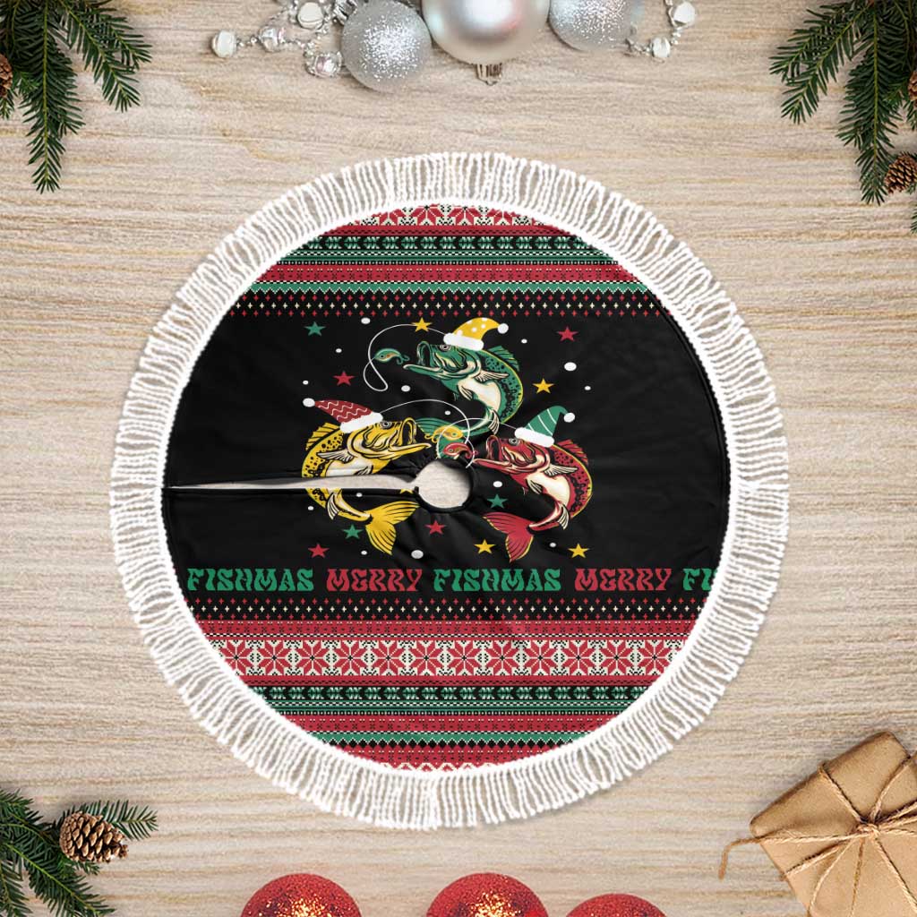 Funny Fishmas Bass Tree Skirt Christmas Santa Hat Lights - Wonder Print Shop