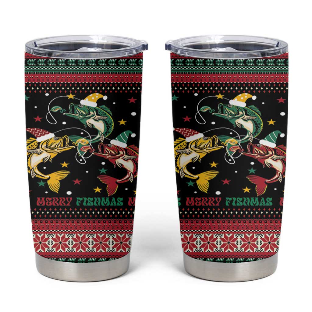 Funny Fishmas Bass Tumbler Cup Christmas Santa Hat Lights - Wonder Print Shop