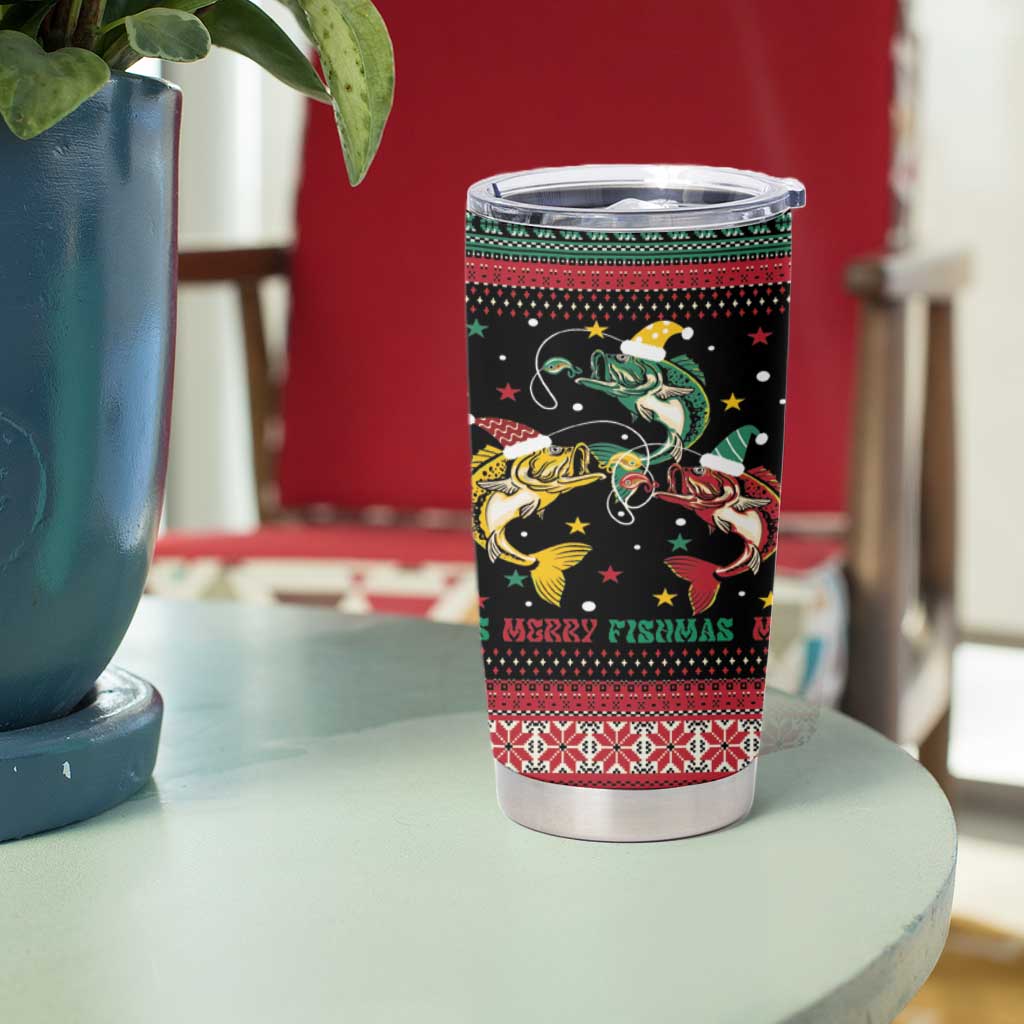 Funny Fishmas Bass Tumbler Cup Christmas Santa Hat Lights - Wonder Print Shop