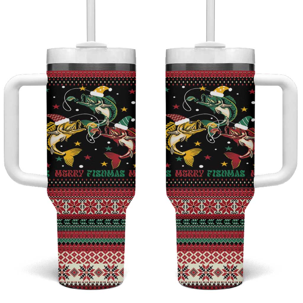 Funny Fishmas Bass Tumbler With Handle Christmas Santa Hat Lights - Wonder Print Shop