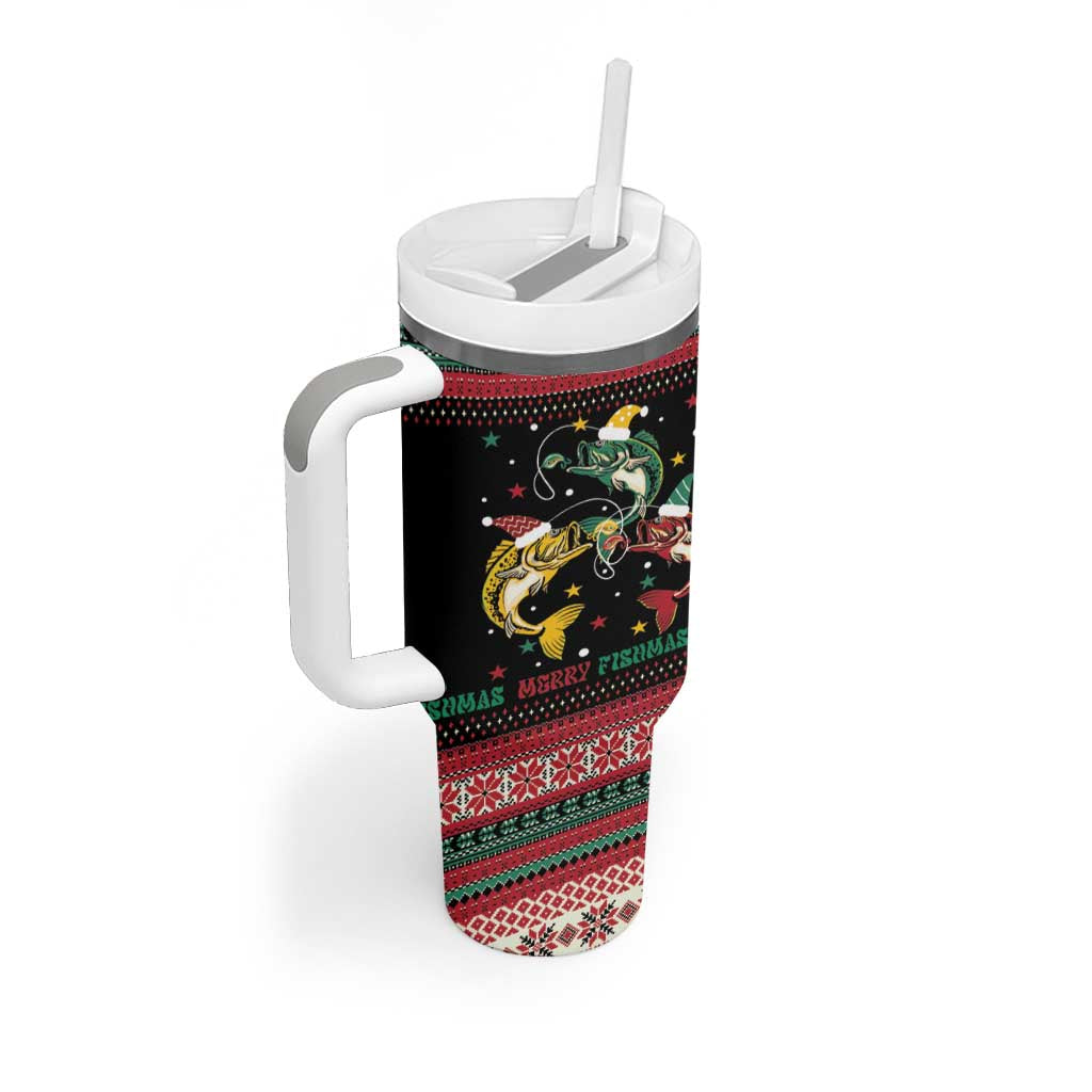 Funny Fishmas Bass Tumbler With Handle Christmas Santa Hat Lights - Wonder Print Shop