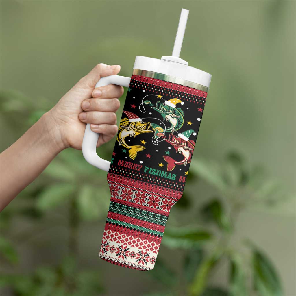 Funny Fishmas Bass Tumbler With Handle Christmas Santa Hat Lights - Wonder Print Shop