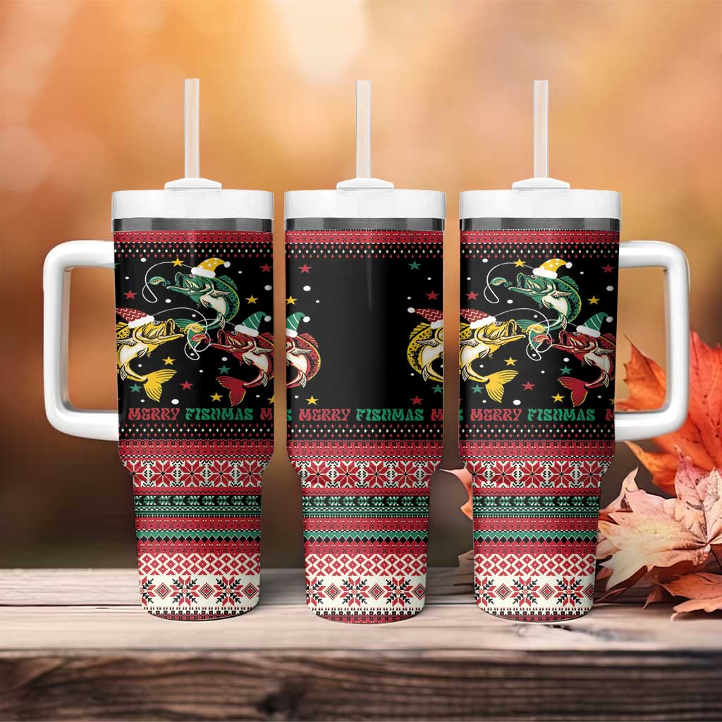Funny Fishmas Bass Tumbler With Handle Christmas Santa Hat Lights - Wonder Print Shop