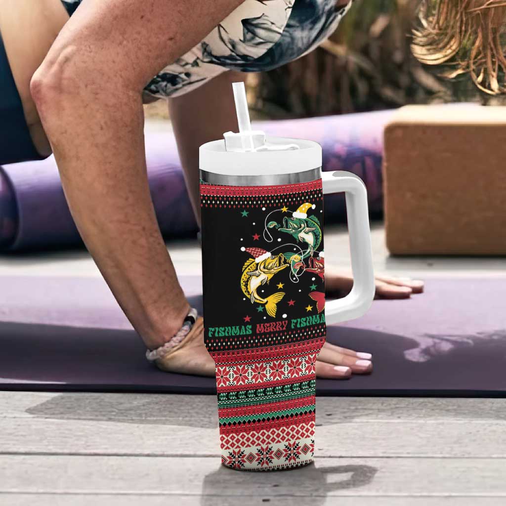 Funny Fishmas Bass Tumbler With Handle Christmas Santa Hat Lights - Wonder Print Shop