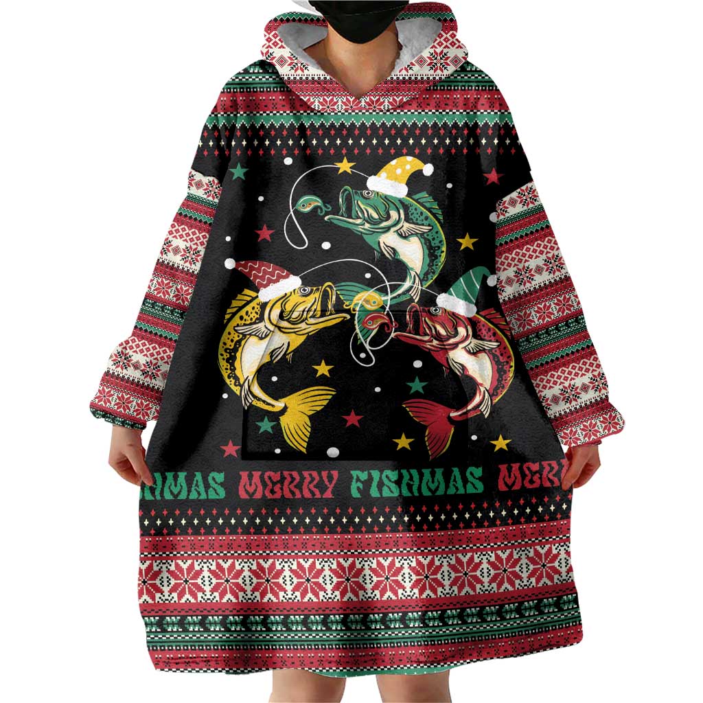 Funny Fishmas Bass Wearable Blanket Hoodie Christmas Santa Hat Lights - Wonder Print Shop