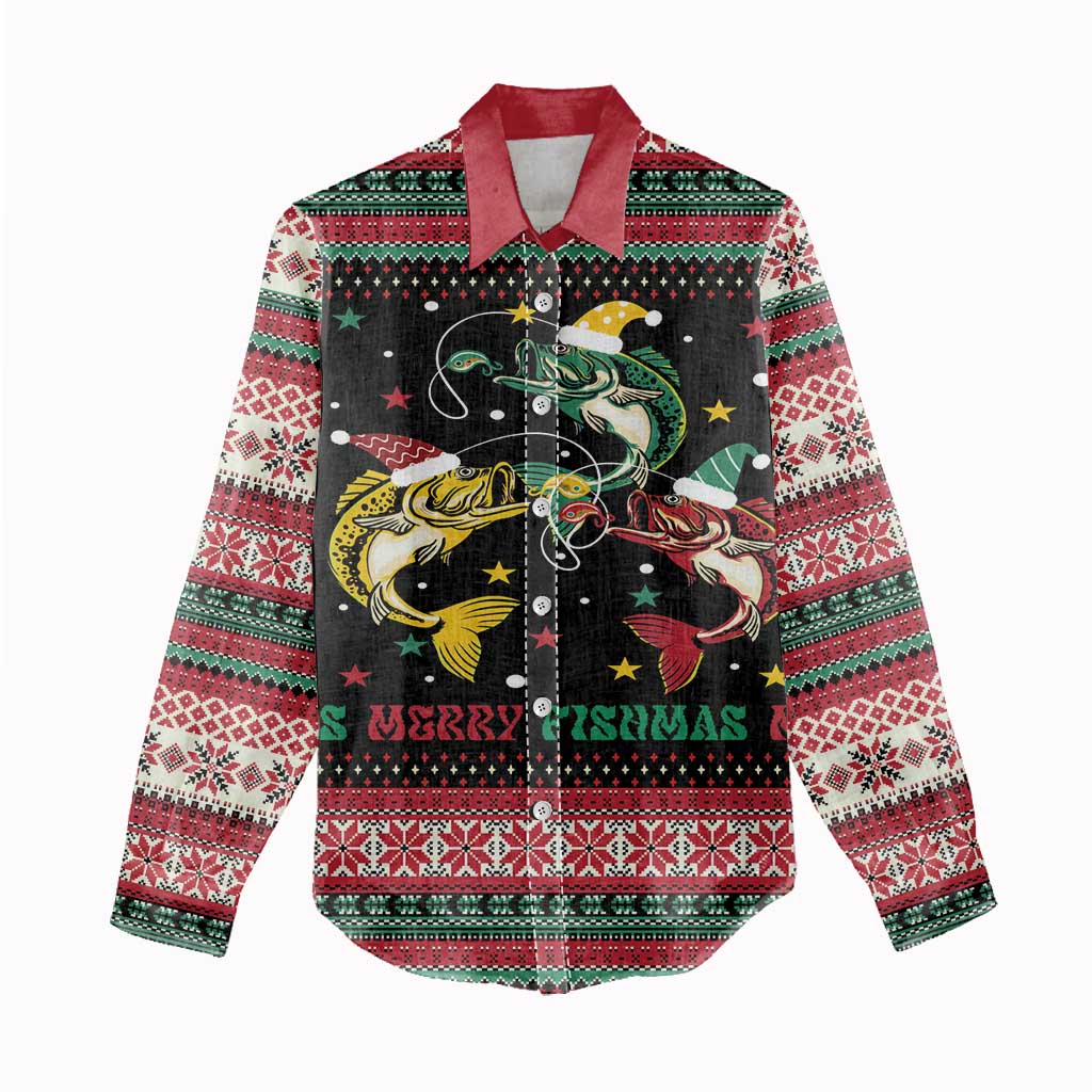 Funny Fishmas Bass Women Casual Shirt Christmas Santa Hat Lights - Wonder Print Shop