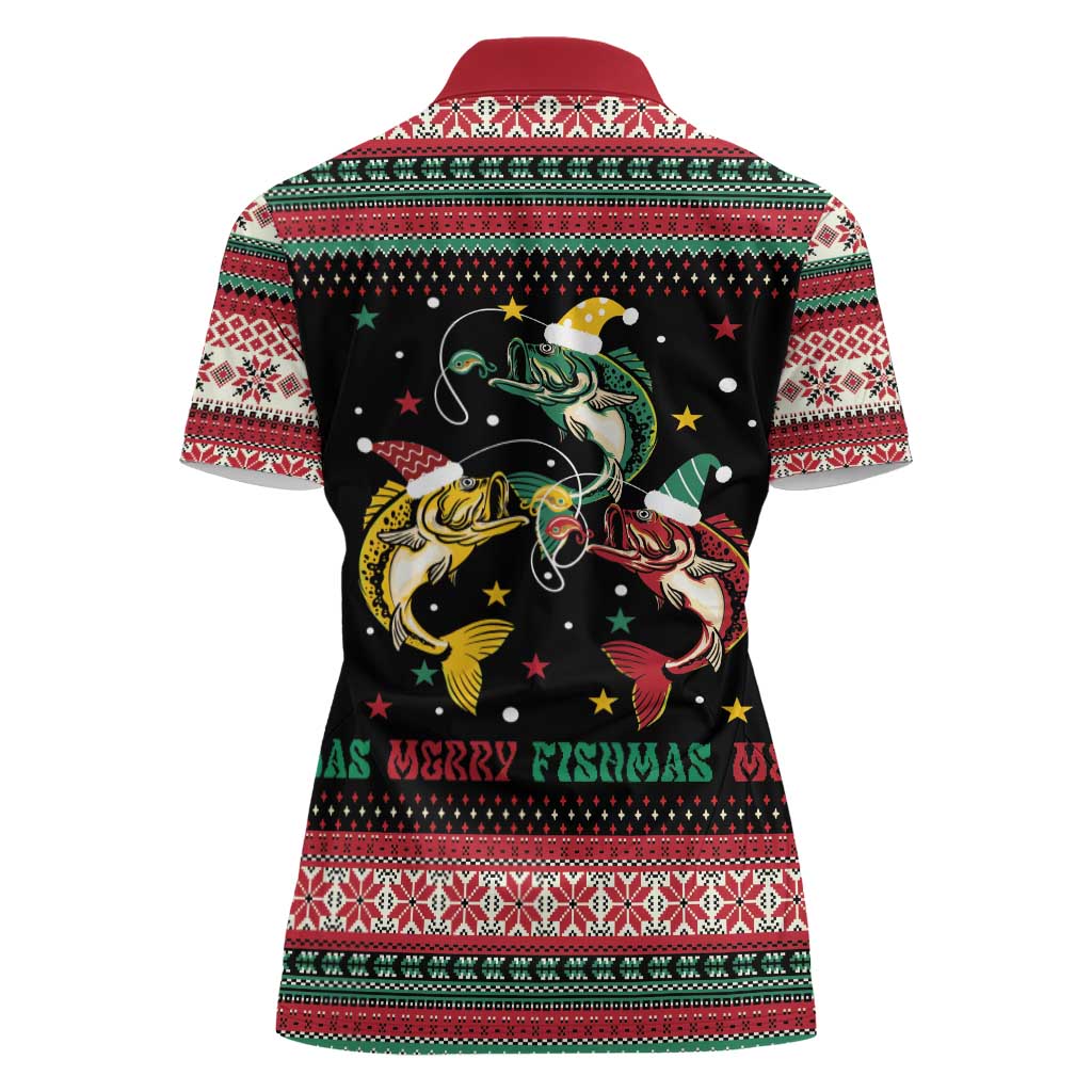 Funny Fishmas Bass Women Polo Shirt Christmas Santa Hat Lights - Wonder Print Shop
