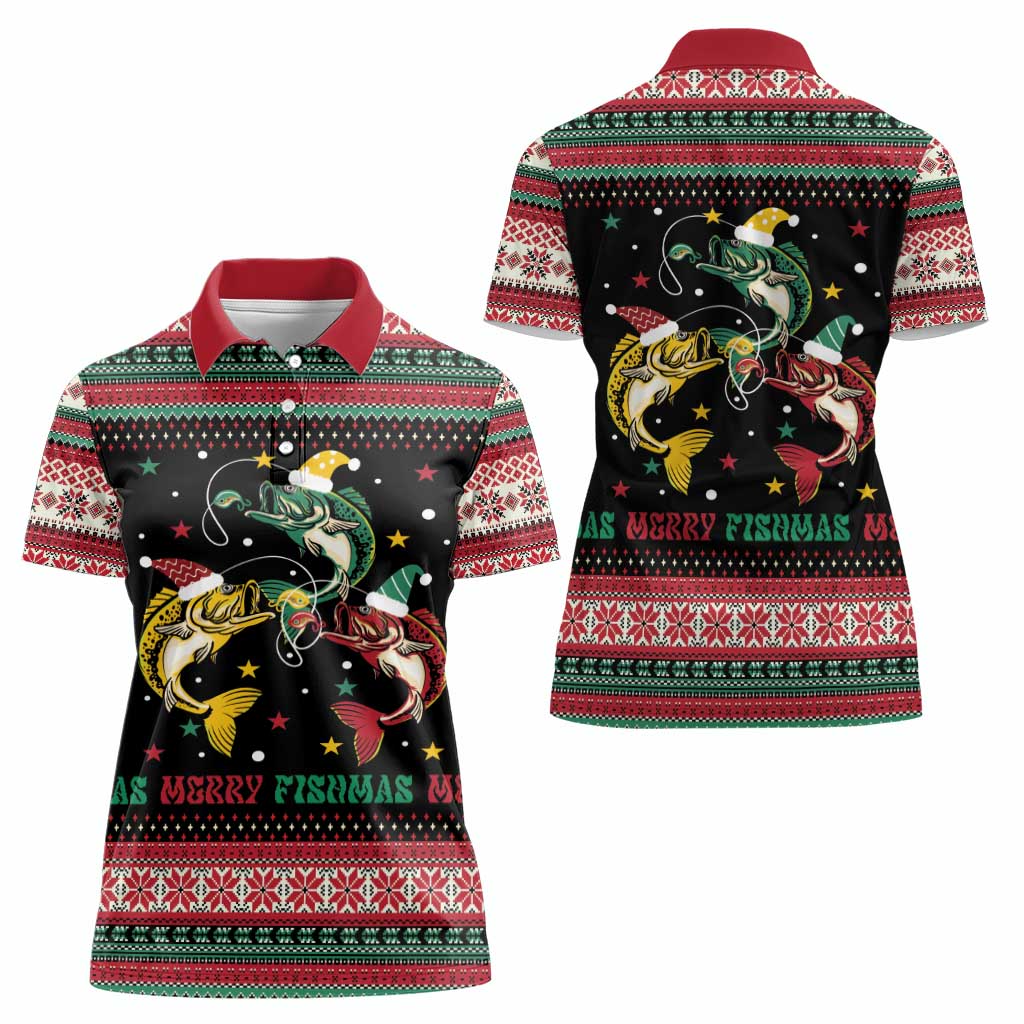 Funny Fishmas Bass Women Polo Shirt Christmas Santa Hat Lights - Wonder Print Shop