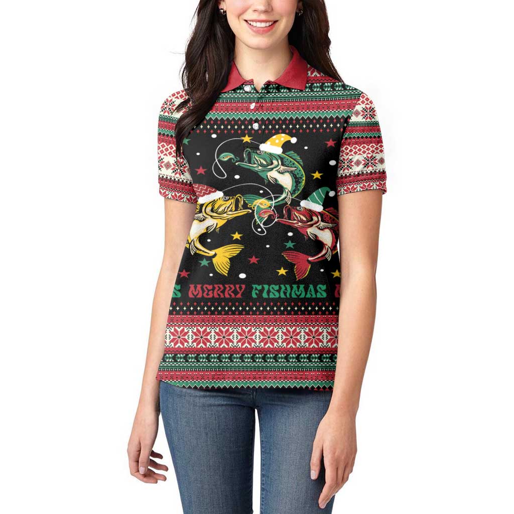 Funny Fishmas Bass Women Polo Shirt Christmas Santa Hat Lights - Wonder Print Shop