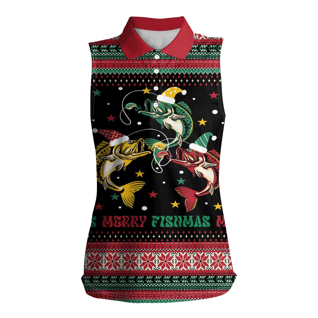 Funny Fishmas Bass Women Sleeveless Polo Shirt Christmas Santa Hat Lights - Wonder Print Shop