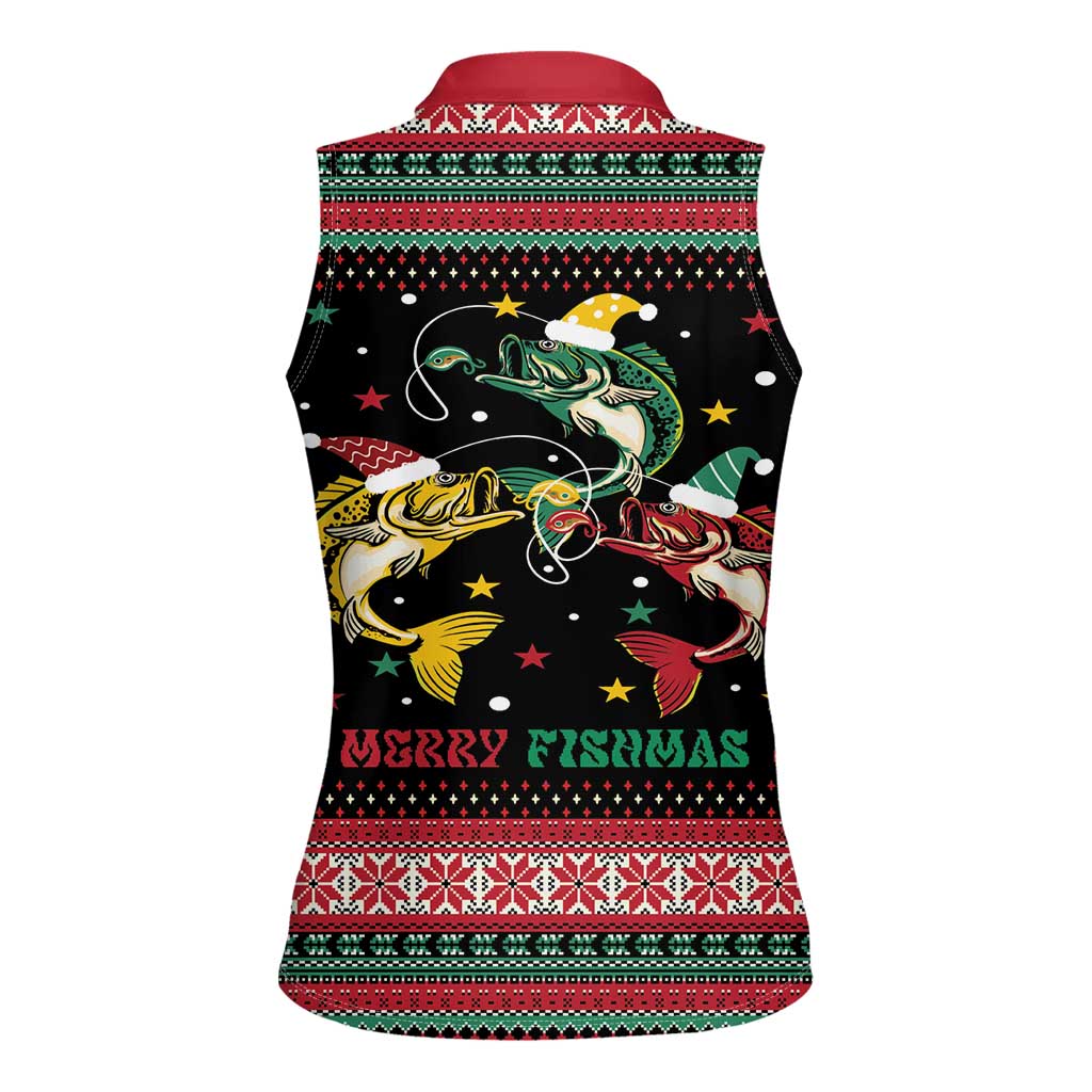 Funny Fishmas Bass Women Sleeveless Polo Shirt Christmas Santa Hat Lights - Wonder Print Shop