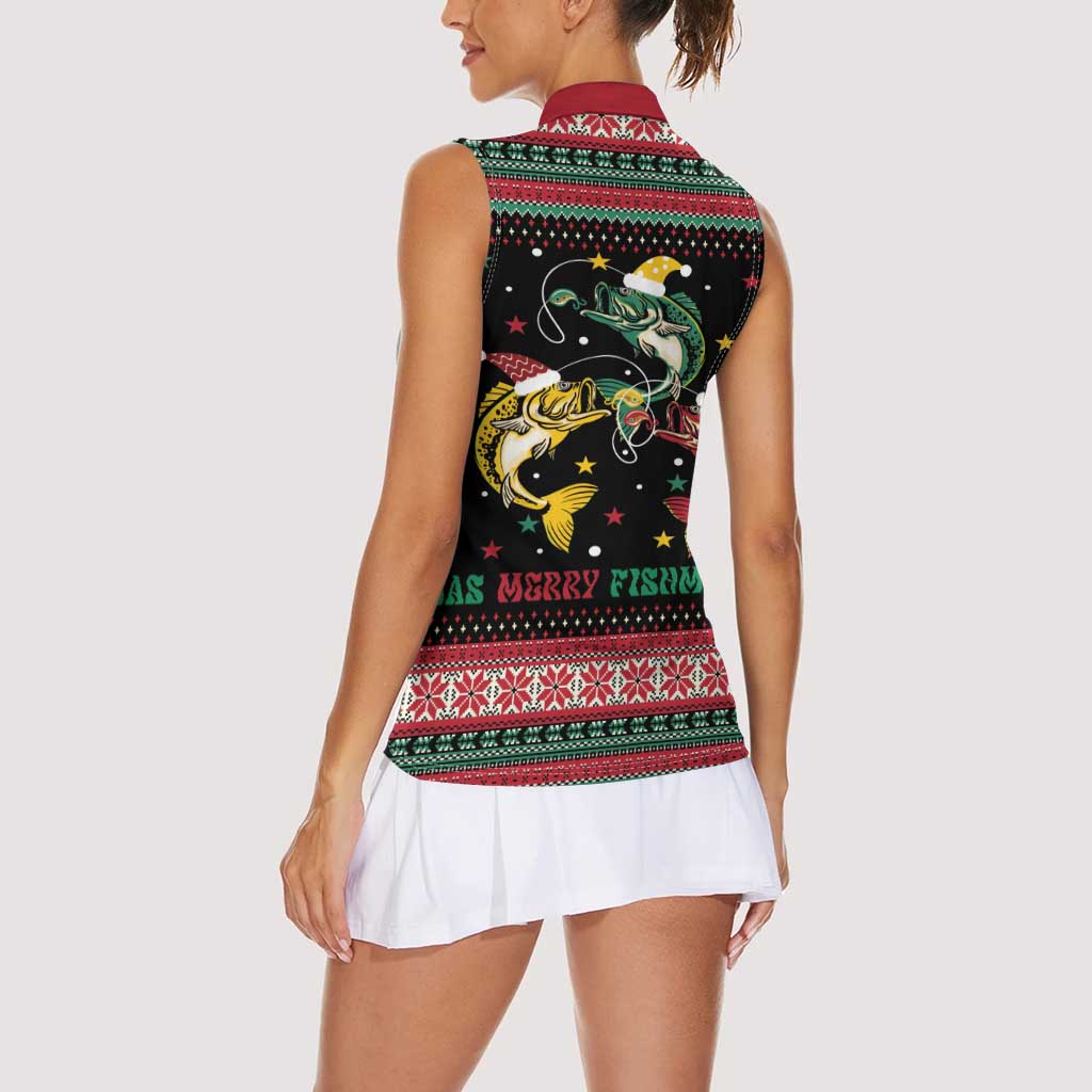 Funny Fishmas Bass Women Sleeveless Polo Shirt Christmas Santa Hat Lights - Wonder Print Shop