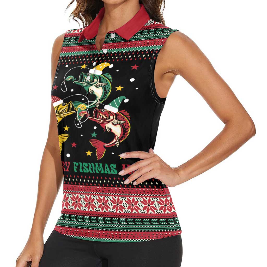 Funny Fishmas Bass Women Sleeveless Polo Shirt Christmas Santa Hat Lights - Wonder Print Shop