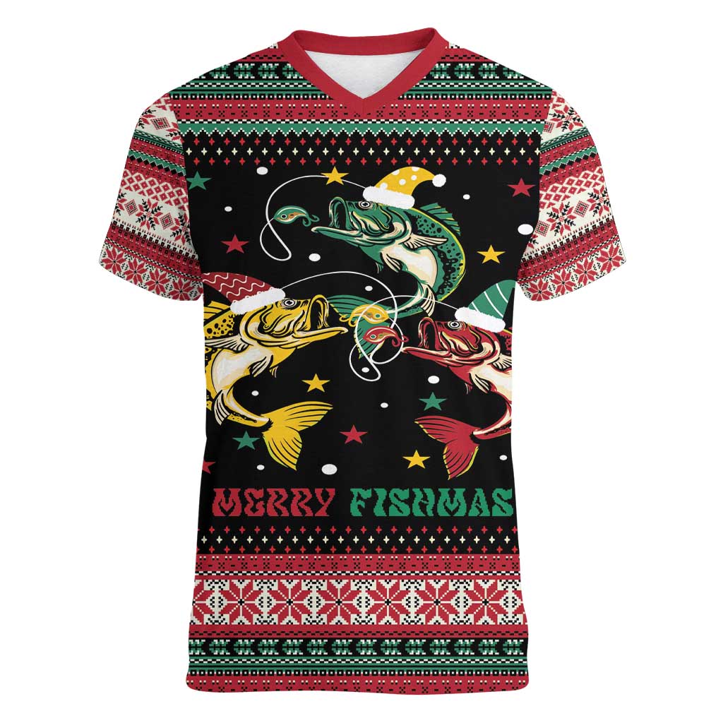 Funny Fishmas Bass Women V-Neck T-Shirt Christmas Santa Hat Lights - Wonder Print Shop
