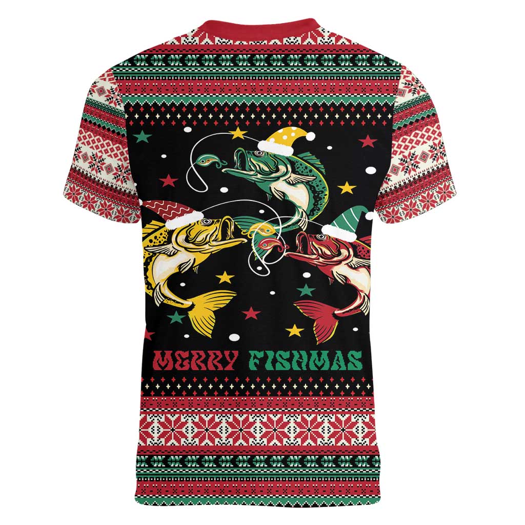 Funny Fishmas Bass Women V-Neck T-Shirt Christmas Santa Hat Lights - Wonder Print Shop