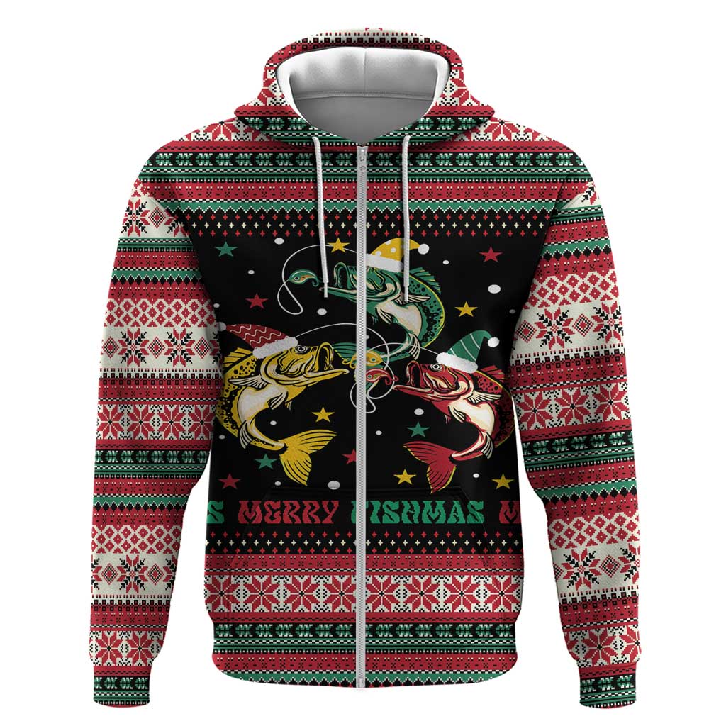 Funny Fishmas Bass Zip Hoodie Christmas Santa Hat Lights - Wonder Print Shop