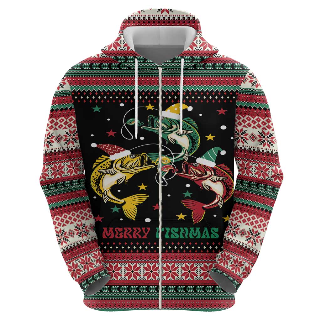 Funny Fishmas Bass Zip Hoodie Christmas Santa Hat Lights - Wonder Print Shop