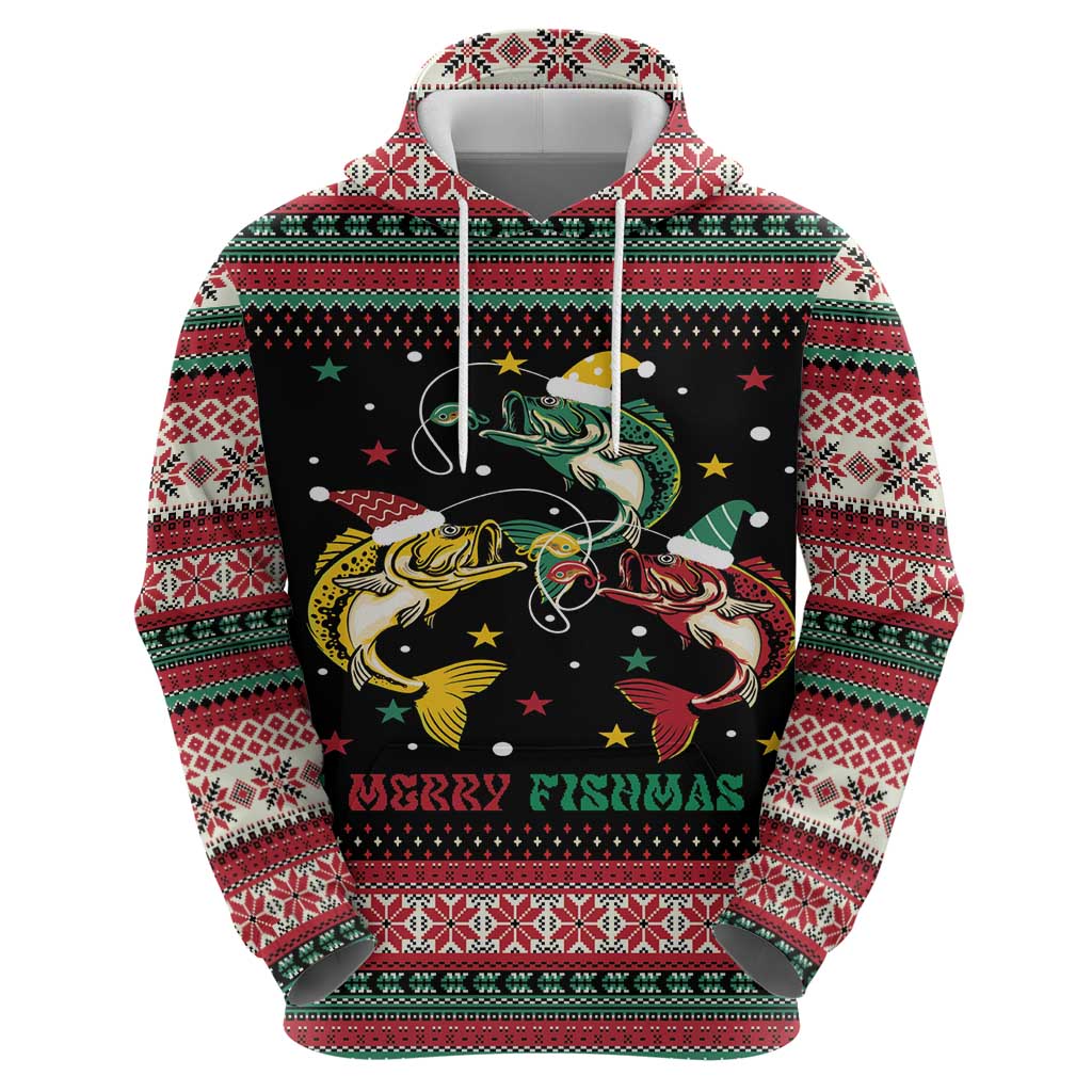 Funny Fishmas Bass Zip Hoodie Christmas Santa Hat Lights - Wonder Print Shop
