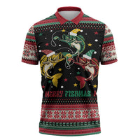 Funny Fishmas Bass Zipper Polo Shirt Christmas Santa Hat Lights - Wonder Print Shop