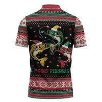 Funny Fishmas Bass Zipper Polo Shirt Christmas Santa Hat Lights - Wonder Print Shop
