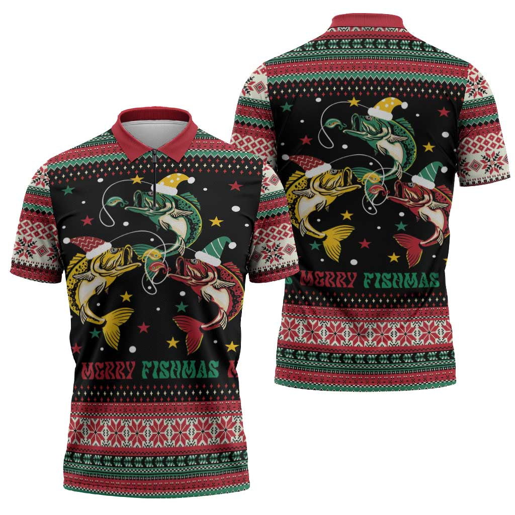Funny Fishmas Bass Zipper Polo Shirt Christmas Santa Hat Lights - Wonder Print Shop
