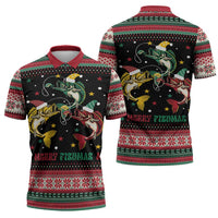 Funny Fishmas Bass Zipper Polo Shirt Christmas Santa Hat Lights - Wonder Print Shop