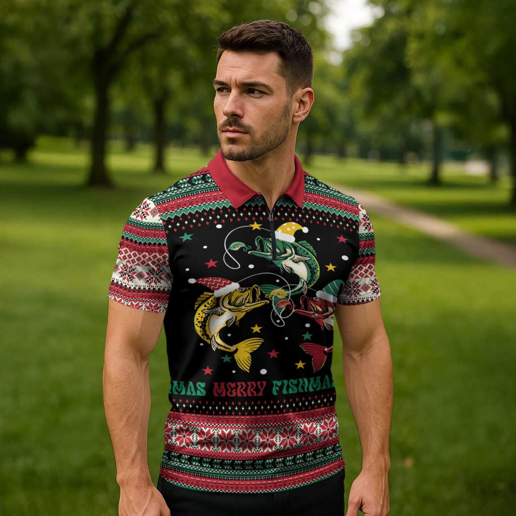 Funny Fishmas Bass Zipper Polo Shirt Christmas Santa Hat Lights - Wonder Print Shop