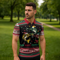 Funny Fishmas Bass Zipper Polo Shirt Christmas Santa Hat Lights - Wonder Print Shop