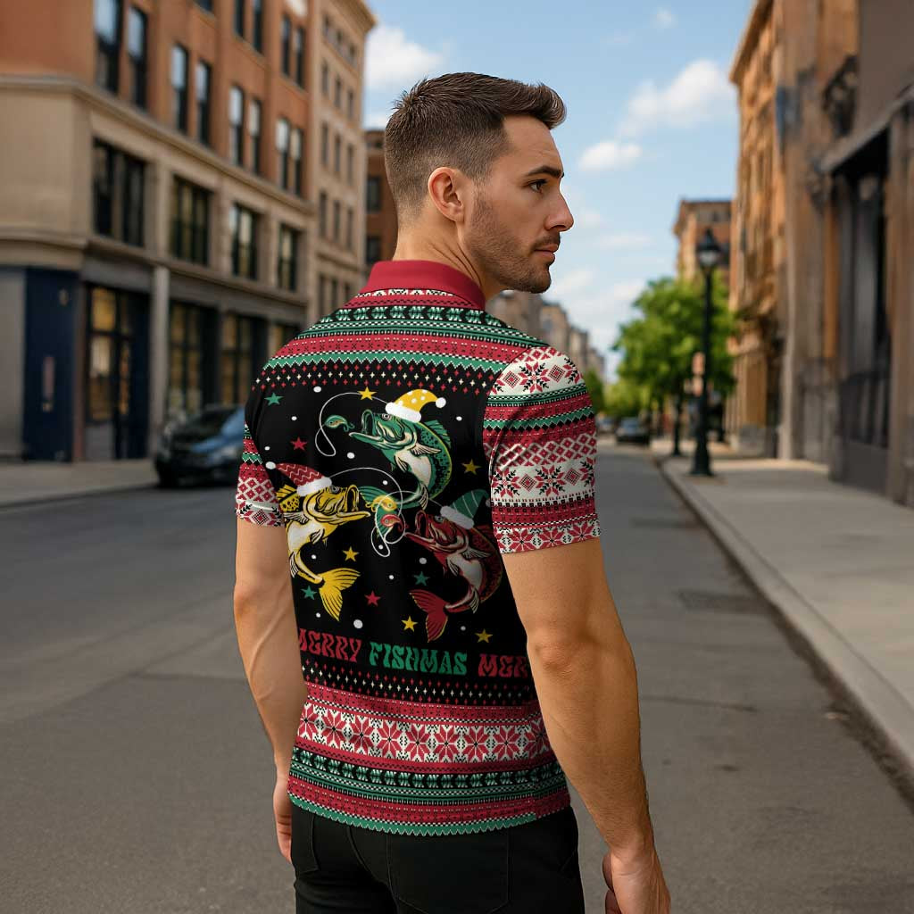 Funny Fishmas Bass Zipper Polo Shirt Christmas Santa Hat Lights - Wonder Print Shop