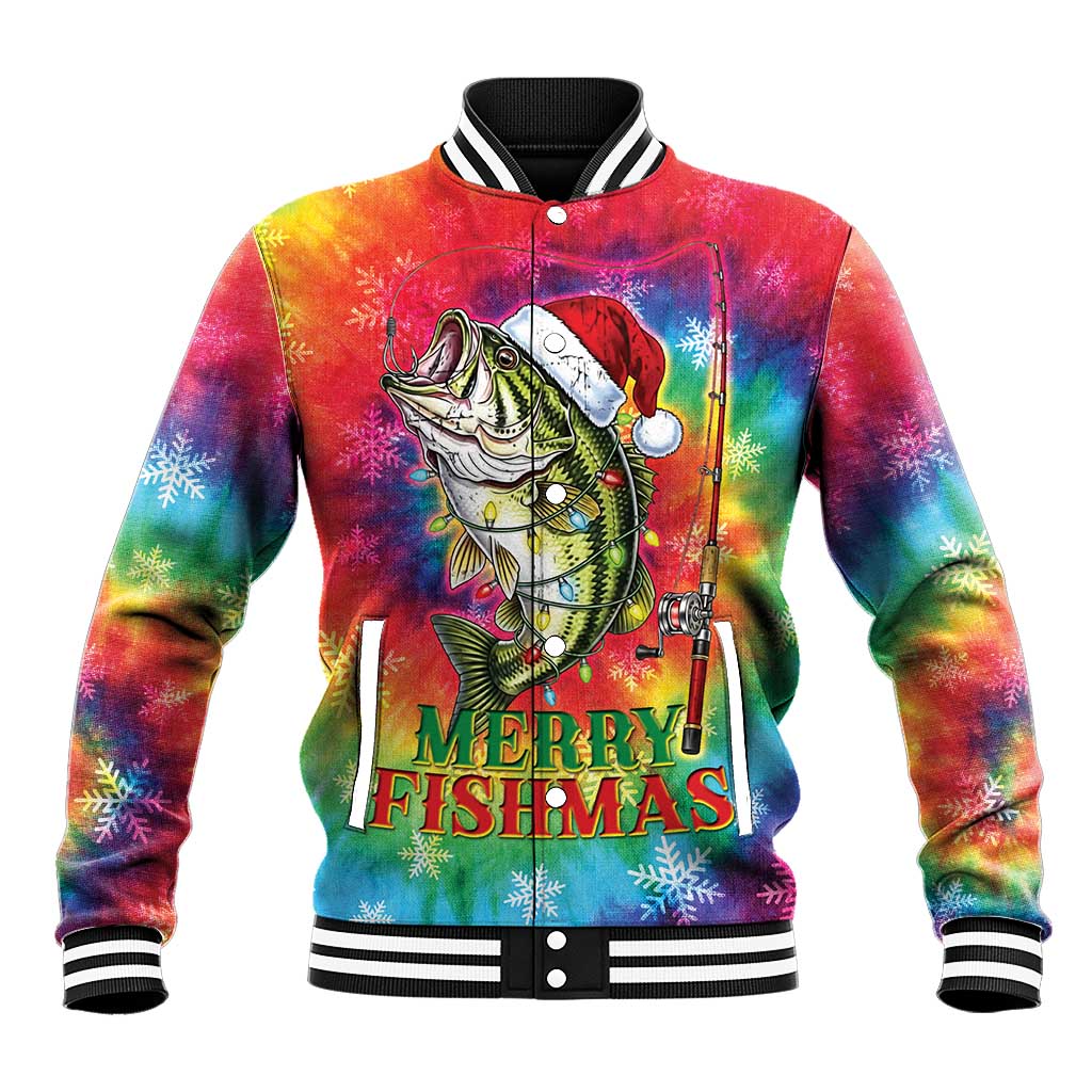 Funny Fishmas Bass Baseball Jacket Merry Fishmas Tie-dye Christmas Vibes - Wonder Print Shop
