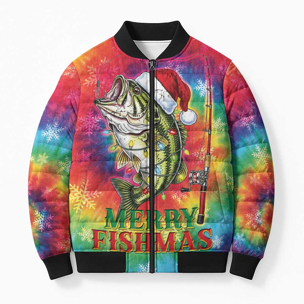 Funny Fishmas Bass Bomber Puffer Jacket Merry Fishmas Tie-dye Christmas Vibes - Wonder Print Shop