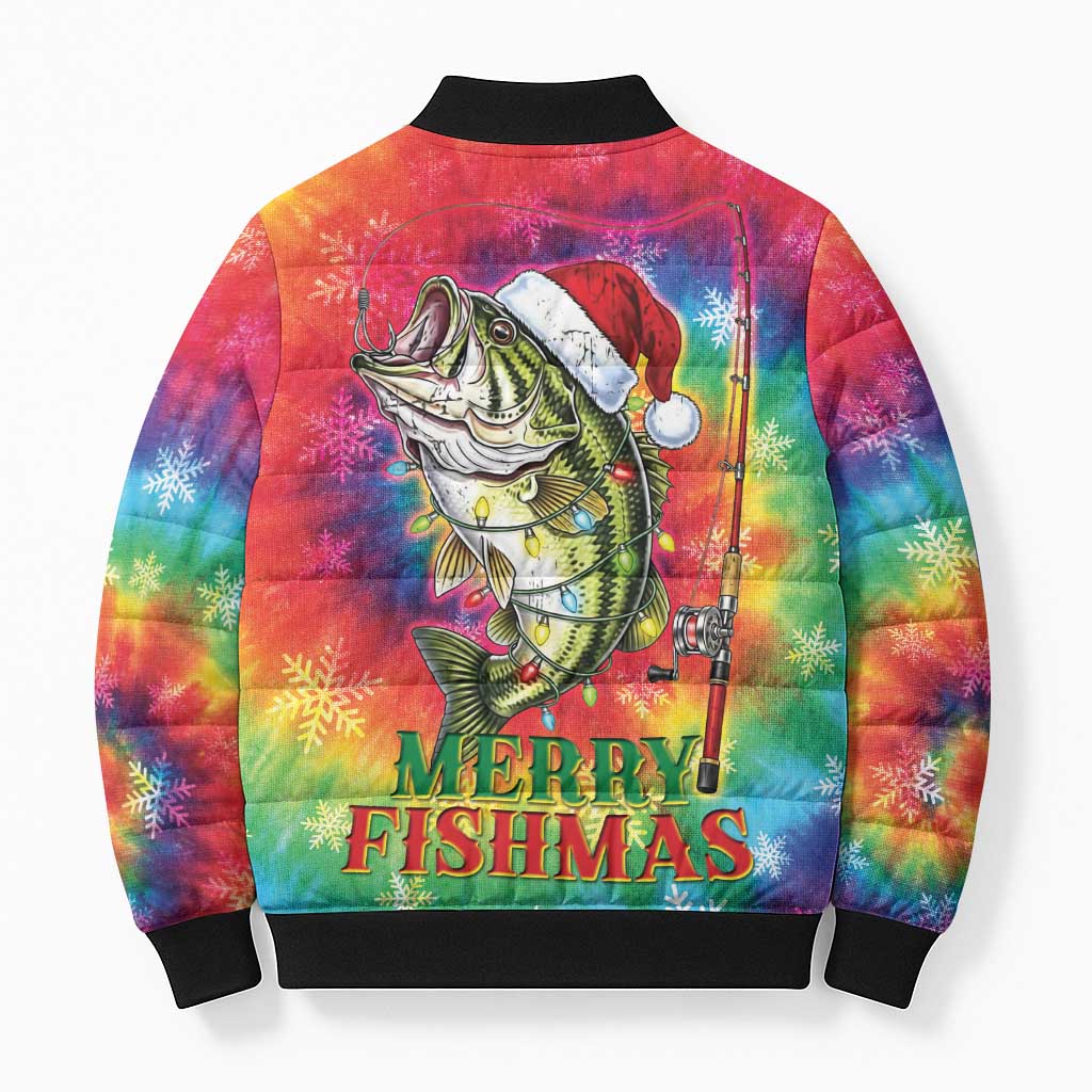 Funny Fishmas Bass Bomber Puffer Jacket Merry Fishmas Tie-dye Christmas Vibes - Wonder Print Shop