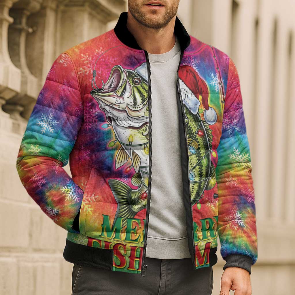 Funny Fishmas Bass Bomber Puffer Jacket Merry Fishmas Tie-dye Christmas Vibes - Wonder Print Shop