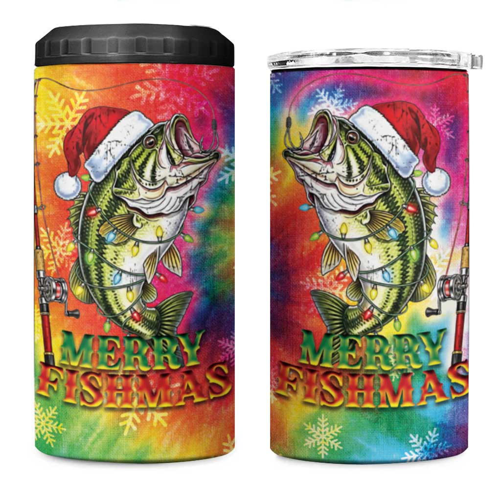 Funny Fishmas Bass 4 in 1 Can Cooler Tumbler Merry Fishmas Tie-dye Christmas Vibes - Wonder Print Shop