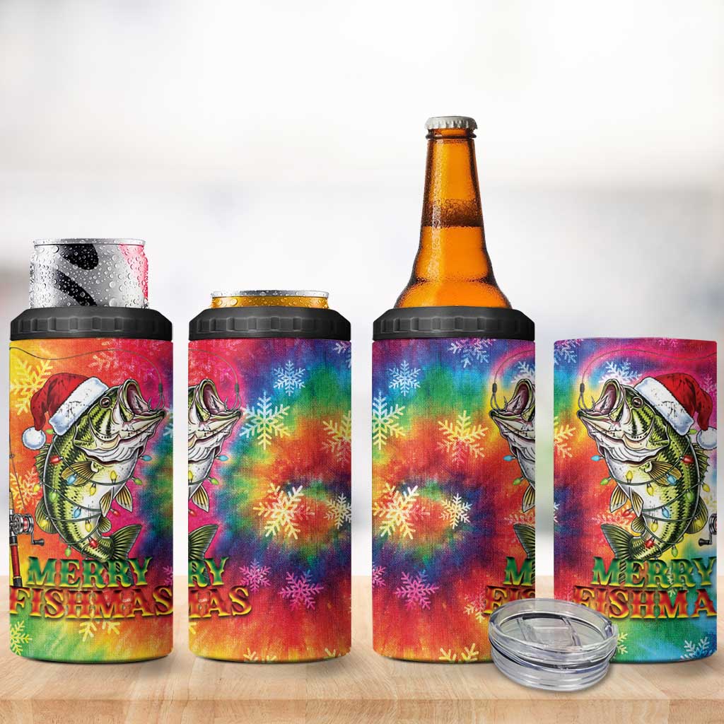 Funny Fishmas Bass 4 in 1 Can Cooler Tumbler Merry Fishmas Tie-dye Christmas Vibes - Wonder Print Shop