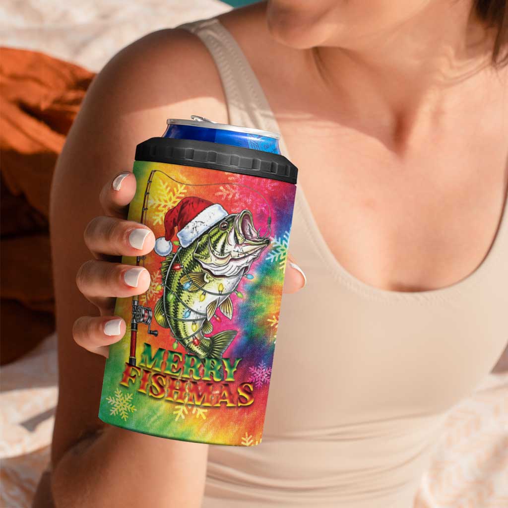 Funny Fishmas Bass 4 in 1 Can Cooler Tumbler Merry Fishmas Tie-dye Christmas Vibes - Wonder Print Shop