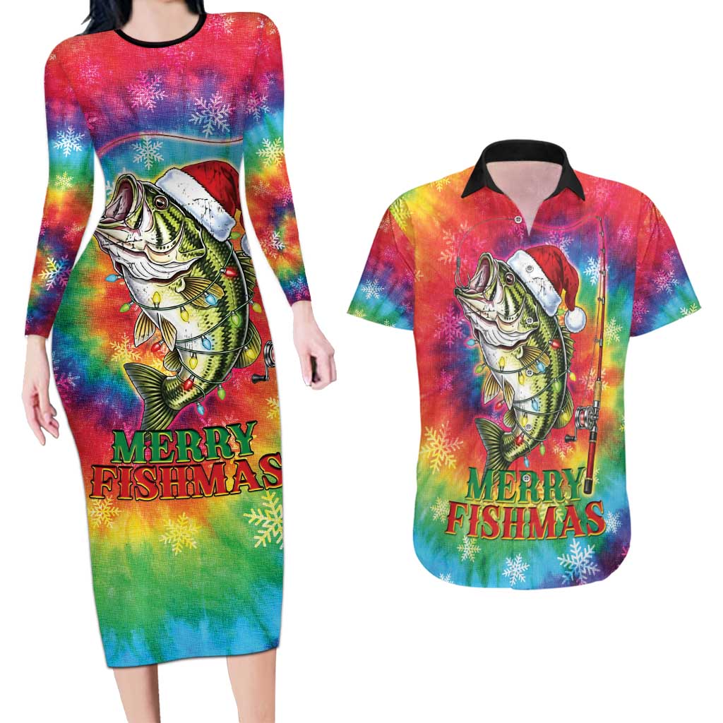 Funny Fishmas Bass Couples Matching Long Sleeve Bodycon Dress and Hawaiian Shirt Merry Fishmas Tie-dye Christmas Vibes - Wonder Print Shop