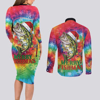 Funny Fishmas Bass Couples Matching Long Sleeve Bodycon Dress and Long Sleeve Button Shirt Merry Fishmas Tie-dye Christmas Vibes - Wonder Print Shop