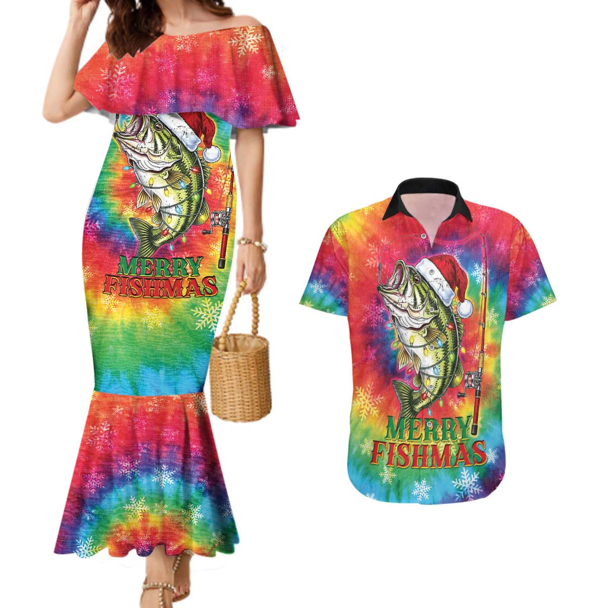 Funny Fishmas Bass Couples Matching Mermaid Dress and Hawaiian Shirt Merry Fishmas Tie-dye Christmas Vibes - Wonder Print Shop