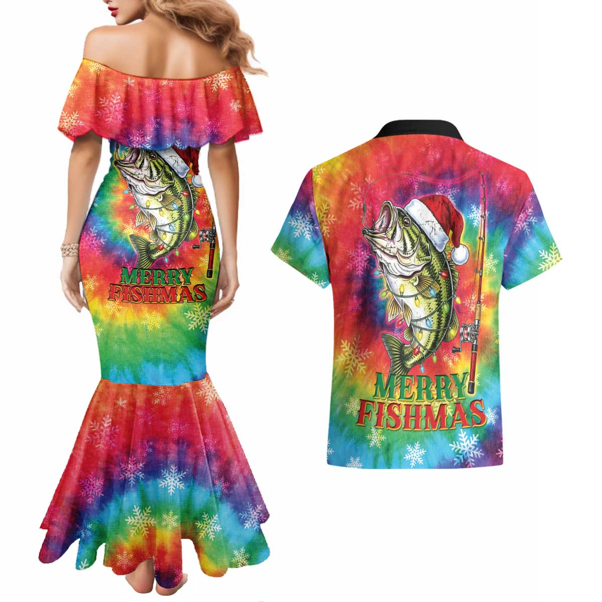 Funny Fishmas Bass Couples Matching Mermaid Dress and Hawaiian Shirt Merry Fishmas Tie-dye Christmas Vibes - Wonder Print Shop