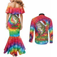 Funny Fishmas Bass Couples Matching Mermaid Dress and Long Sleeve Button Shirt Merry Fishmas Tie-dye Christmas Vibes - Wonder Print Shop