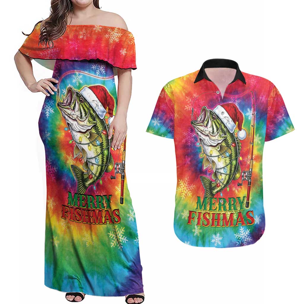 Funny Fishmas Bass Couples Matching Off Shoulder Maxi Dress and Hawaiian Shirt Merry Fishmas Tie-dye Christmas Vibes - Wonder Print Shop