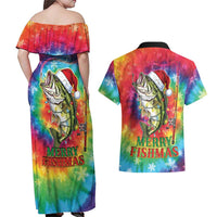 Funny Fishmas Bass Couples Matching Off Shoulder Maxi Dress and Hawaiian Shirt Merry Fishmas Tie-dye Christmas Vibes - Wonder Print Shop