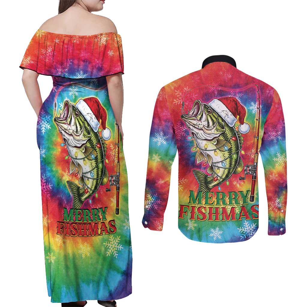Funny Fishmas Bass Couples Matching Off Shoulder Maxi Dress and Long Sleeve Button Shirt Merry Fishmas Tie-dye Christmas Vibes - Wonder Print Shop