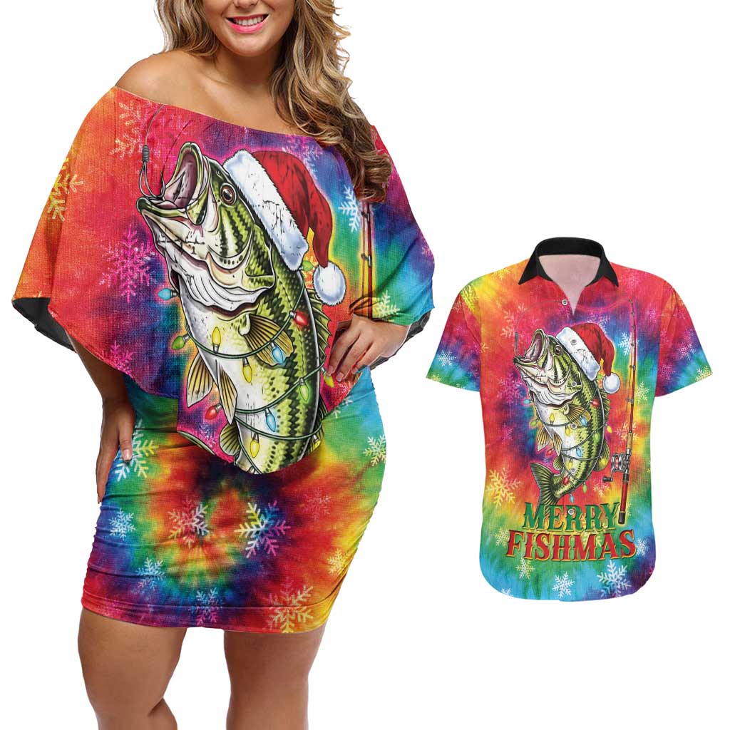 Funny Fishmas Bass Couples Matching Off Shoulder Short Dress and Hawaiian Shirt Merry Fishmas Tie-dye Christmas Vibes - Wonder Print Shop