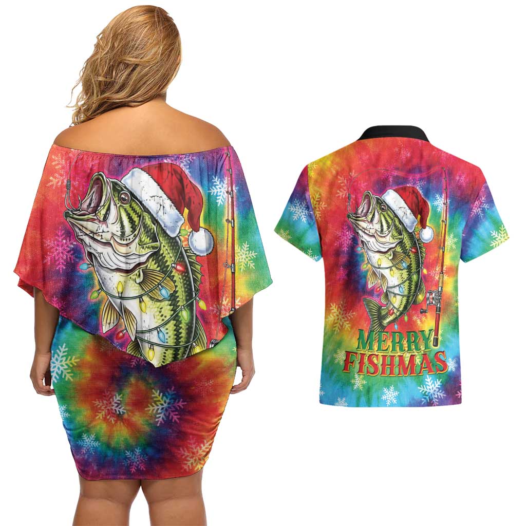 Funny Fishmas Bass Couples Matching Off Shoulder Short Dress and Hawaiian Shirt Merry Fishmas Tie-dye Christmas Vibes - Wonder Print Shop
